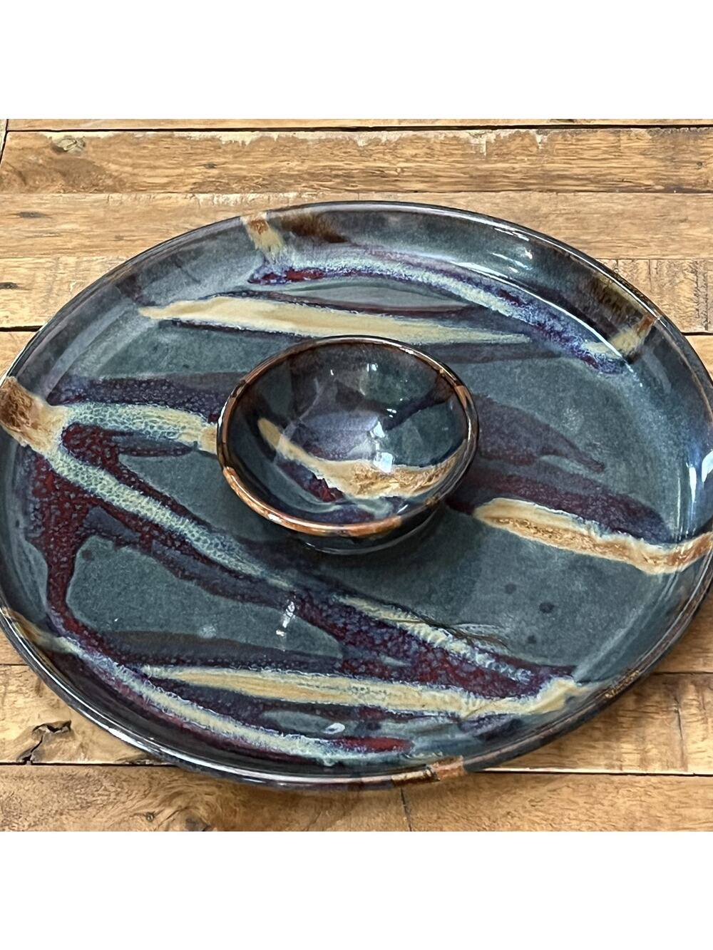Art Studio Pottery Fairhaven Ceramic Chip Dip Platter 13" Blue Beige Abstract